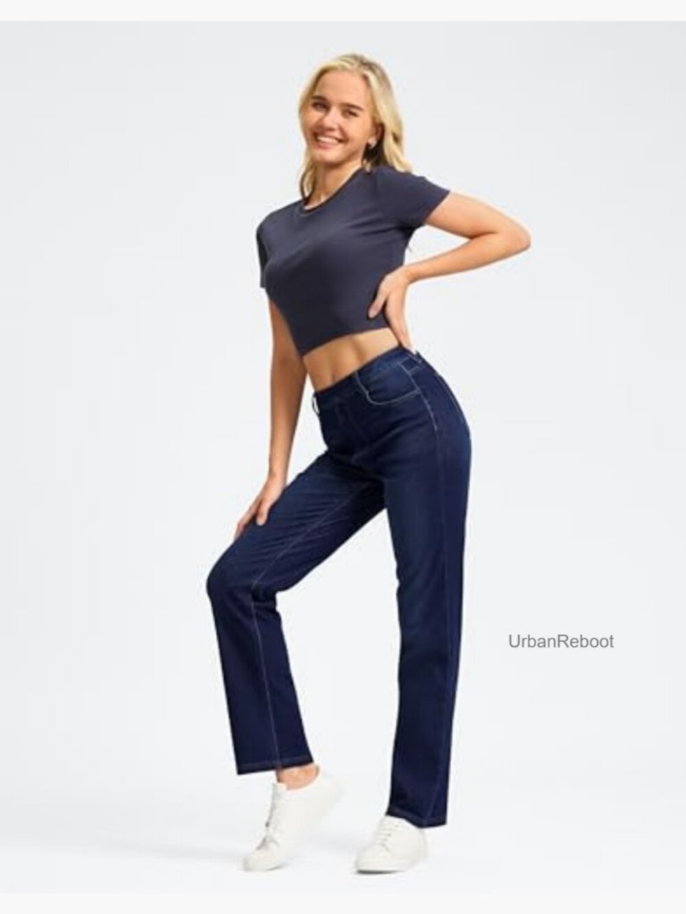 Stretchy Pull On Straight Leg Jeans High Waisted Tummy Control - Picture 4 of 7